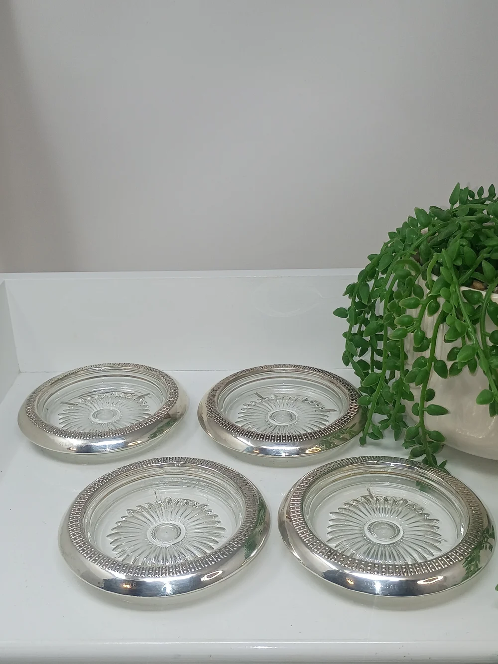 Sterling Silver Glass Sunburst Coasters - Set of 4